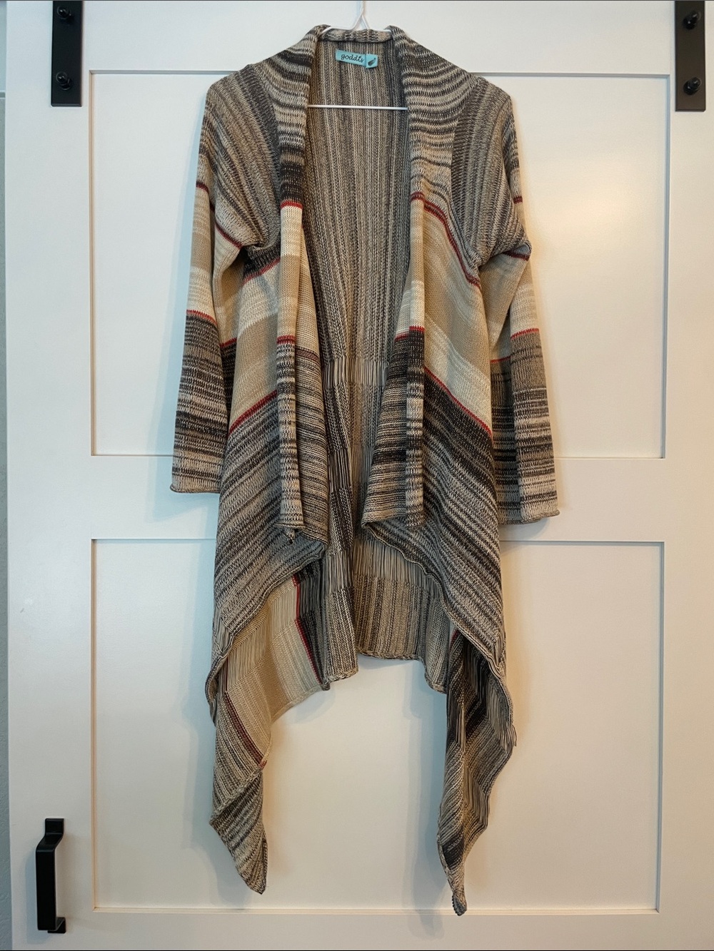 Goddess Striped Open-Front Draped Cardigan in Beige, Gray and Red M/L